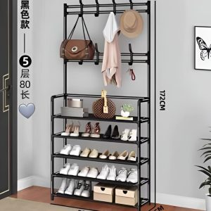 porte manteau avec Étagère à chaussures 5 niveaux – métal noir – 80 x 26 x 172 cm