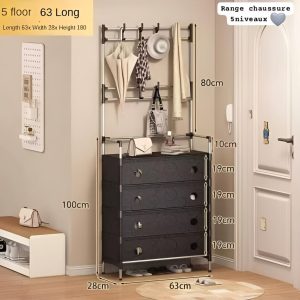 meuble d’entrée multifonction avec penderie et range chaussures – 5 niveaux – noir – 63 x 28 x 180 cm